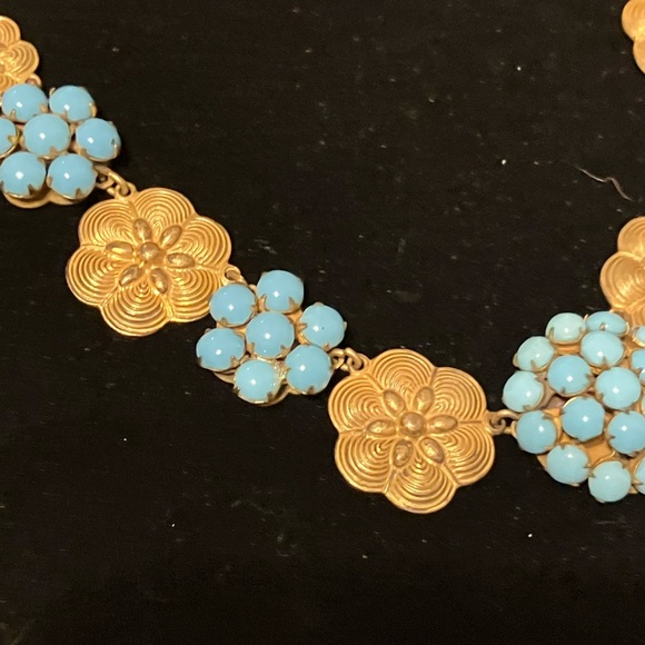Fishel Nessler Deco Gold Floral Roundels Turquoise Clusters Choker Necklace - Picture 3 of 5
